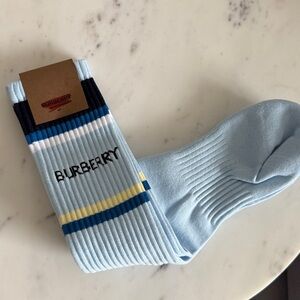 Burberry Light Blue Crew Socks with Navy and Yellow Stripes